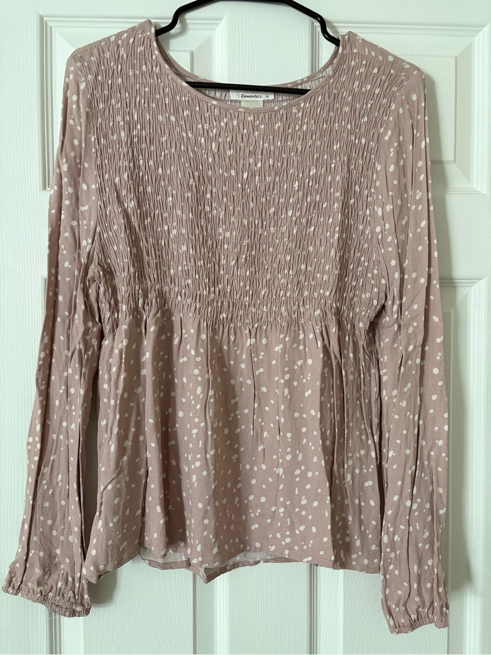 URBAN Romantics Dusty Rose Smocked Long-Sleeve Blouse with White Dot Print